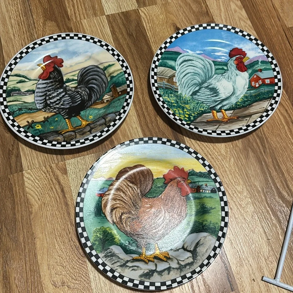 Vintage rooster wire plate wall decor 3 rooster plates set